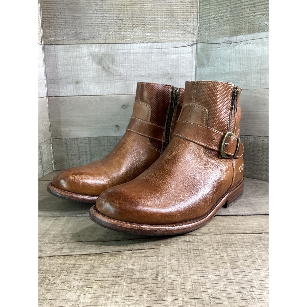 Bed Stu Becca Tan Leather Ankle Boots Buckle Zip Perforated Womens 7.5